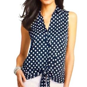 Sleeveless Navy Polka Dot Tie-Front Top